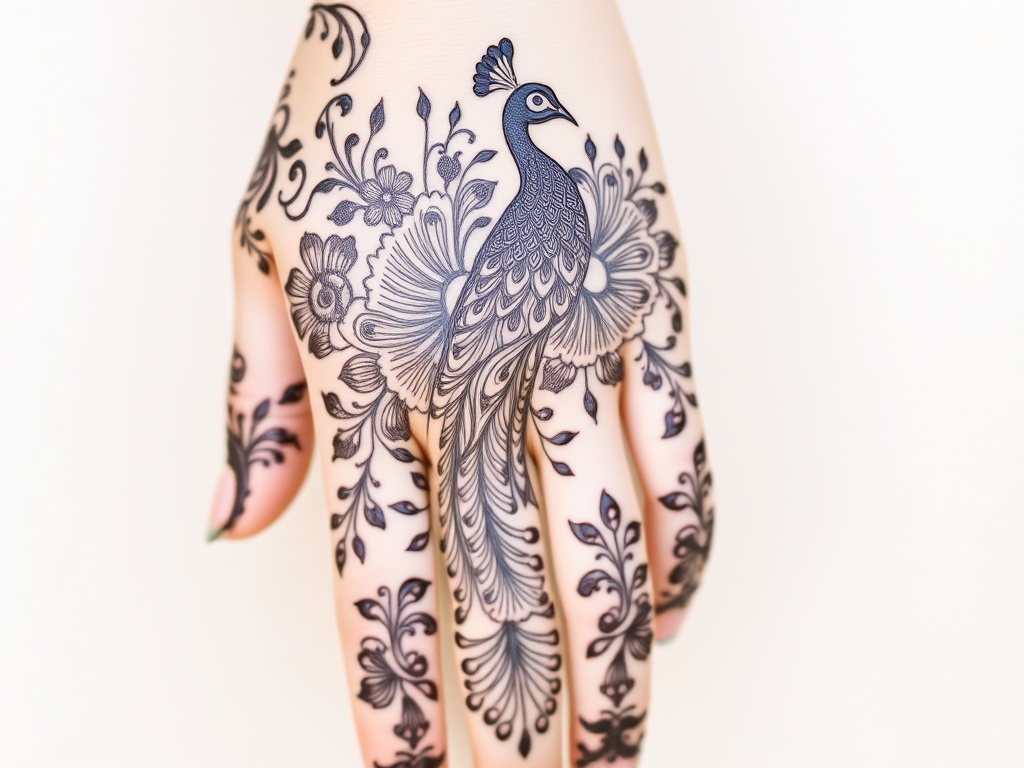 Peacock-Inspired Royal Back Hand Mehndi Design