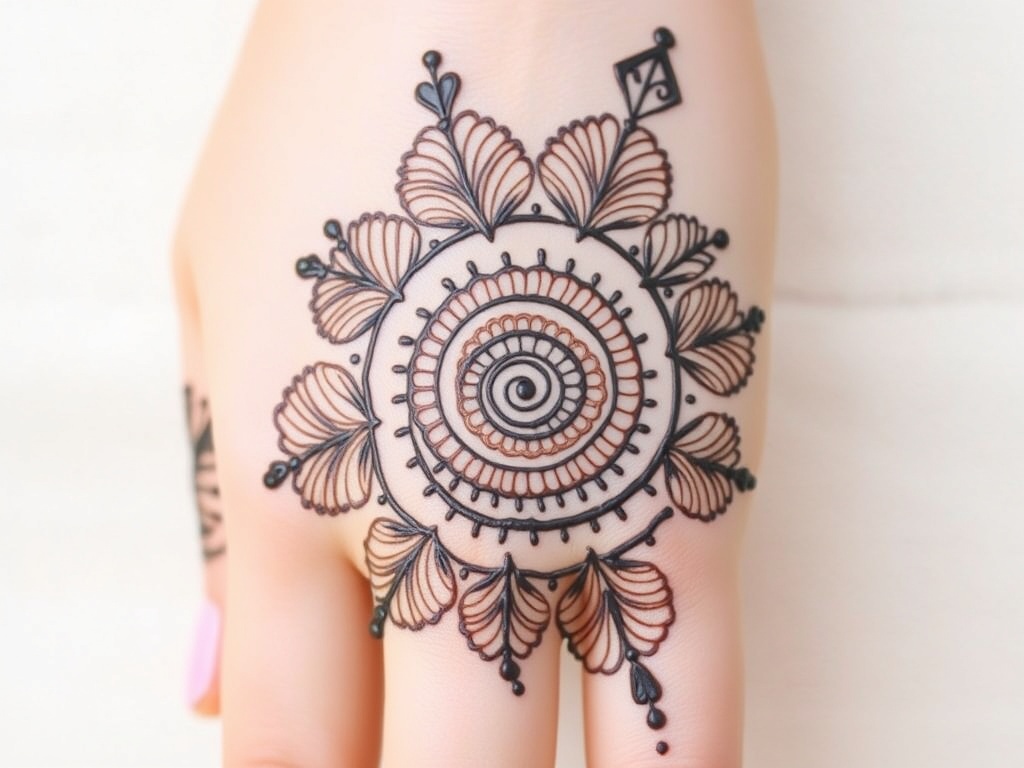 Spiral-Centered Modern Back Hand Mehndi